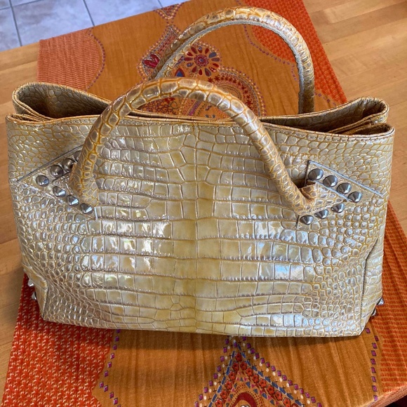 VENTIDUE STUDDED ITALIAN LEATHER TOTE — One Size — Crocodile Embossed Patent - Picture 1 of 8